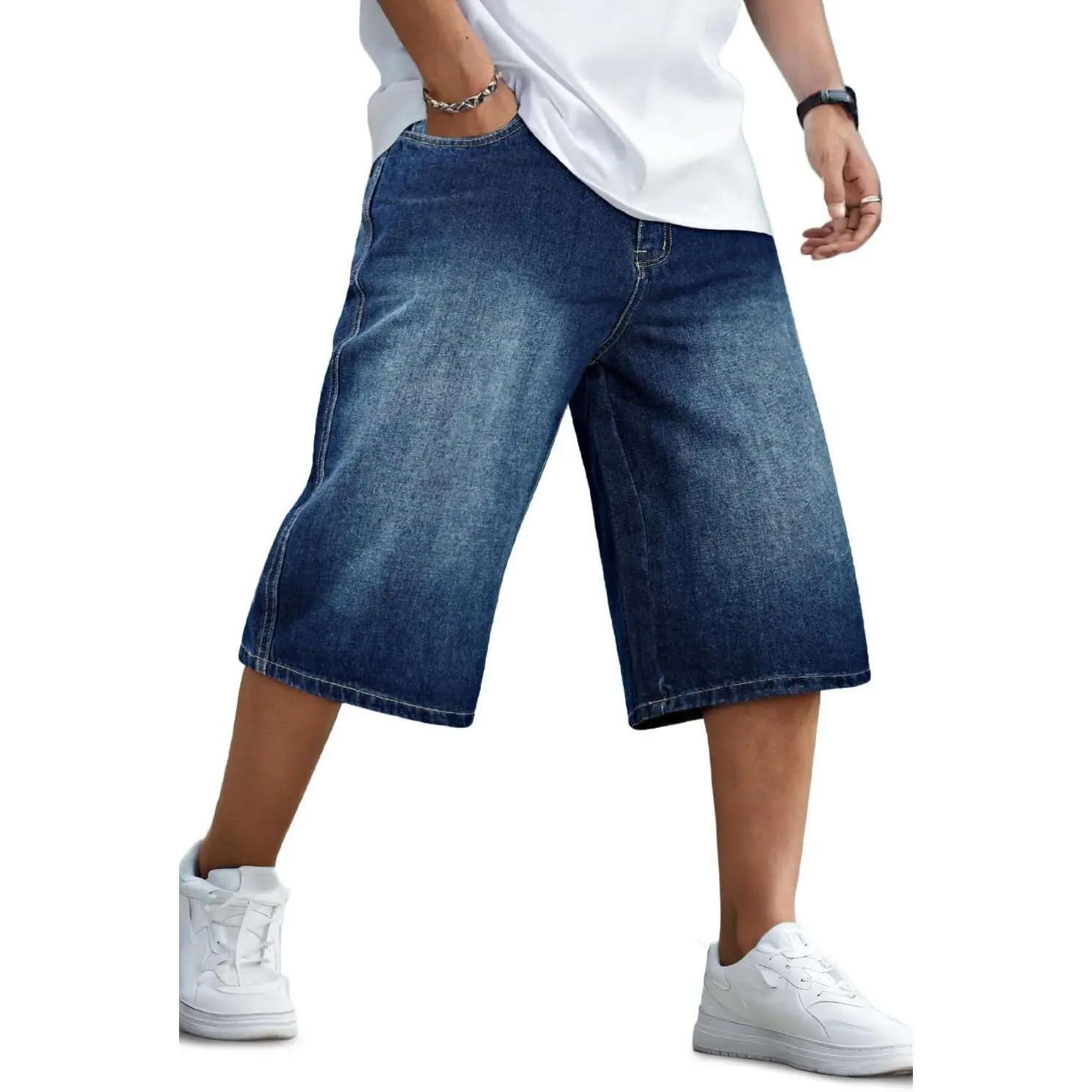 Mens Baggy Jean Shorts Long Denim Jorts Below Knee 14 Inch Inseam | Loose Fit, Wide Leg Cut, Y2k Style, Hip Hop, Oversized Look, Streetwear Aesthetic