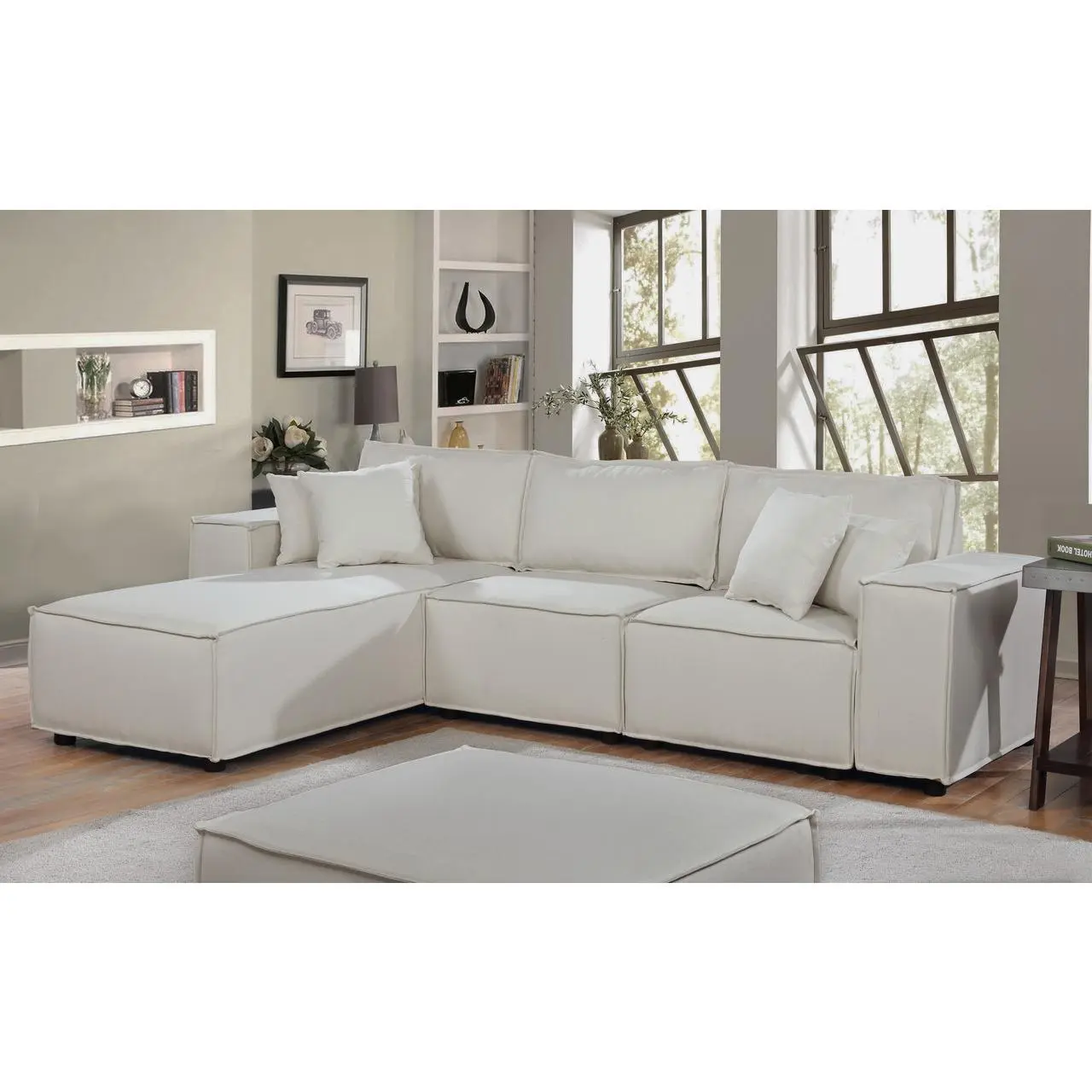 Hector 104"W L-Shape Sofa with Reversible Chaise in Beige Linen, 3-Seat Corner Couch with 4 Accent Pillows