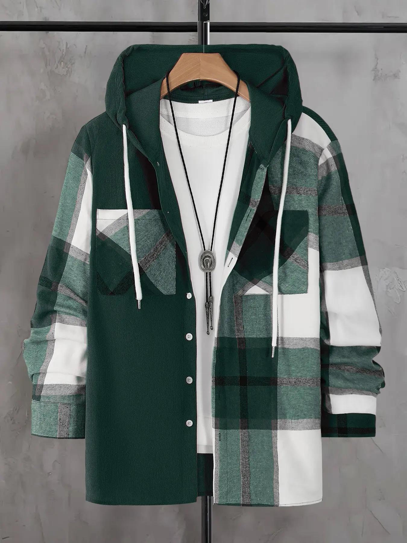Men's Hooded Shacket Corduroy Shirt Jacket Plaid Patchwork Long Sleeve Button Down Hoodie Overshirt Fall Winter Casual Streetwear Vintage Relaxed Fit Big Tall