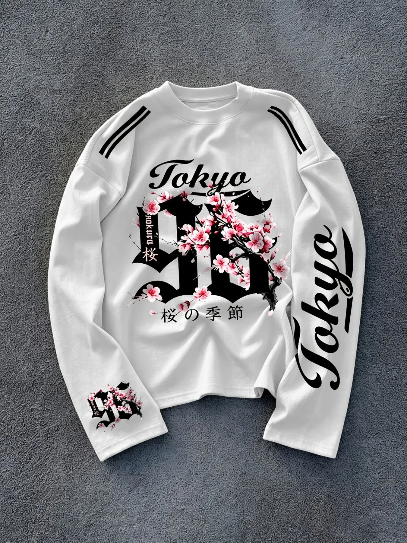 Tokyo Streetwear Oversized Long Sleeve T-Shirt Japanese Sakura Cherry Blossom Graphic Crewneck Sweatshirt Vintage Gothic Print Casual Pullover Top for Men Women