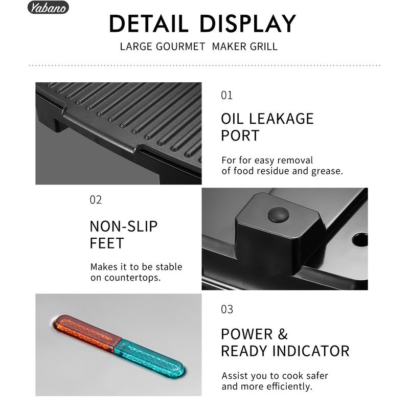 Yabano Panini Press Grill, Gourmet Sandwich Maker, Electric Indoor Grill with Non-Stick Cooking Plate and Removable Drip Tray, Easy to Clean, Stainless Steel shaq branded panini press