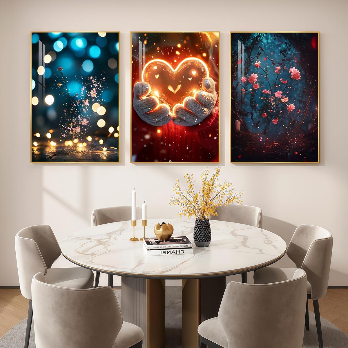 3 Counts Aluminum Alloy Framed Painting, Glowing Heart And Blooming Flowers Pictures, Home Decoration For Living Room, Bedroom, Office, Restaurant, Hallway Wall Decor, Odorless Print Artwork, Luxury Perfect Gift For Friends And Family