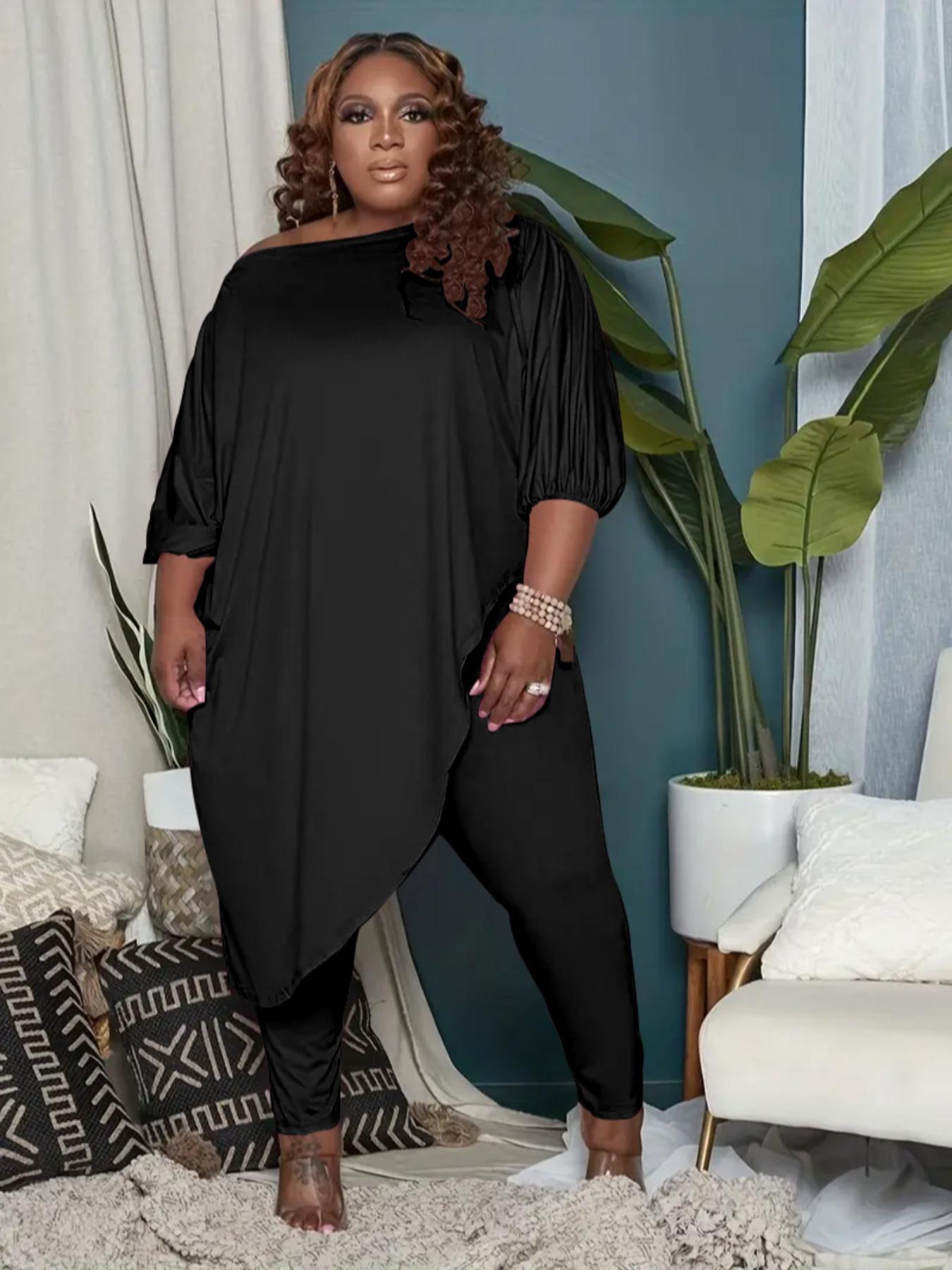 【Plus Size】 Women's Two-Piece Set Asymmetrical Hem Lantern Sleeve Top & Elastic Waist Pants, Casual Three Quarter Length Sleeve Boat Neck Top & Trousers for Daily Wear, Women's Two-piece Outfits for Fall & Winter, Clothes