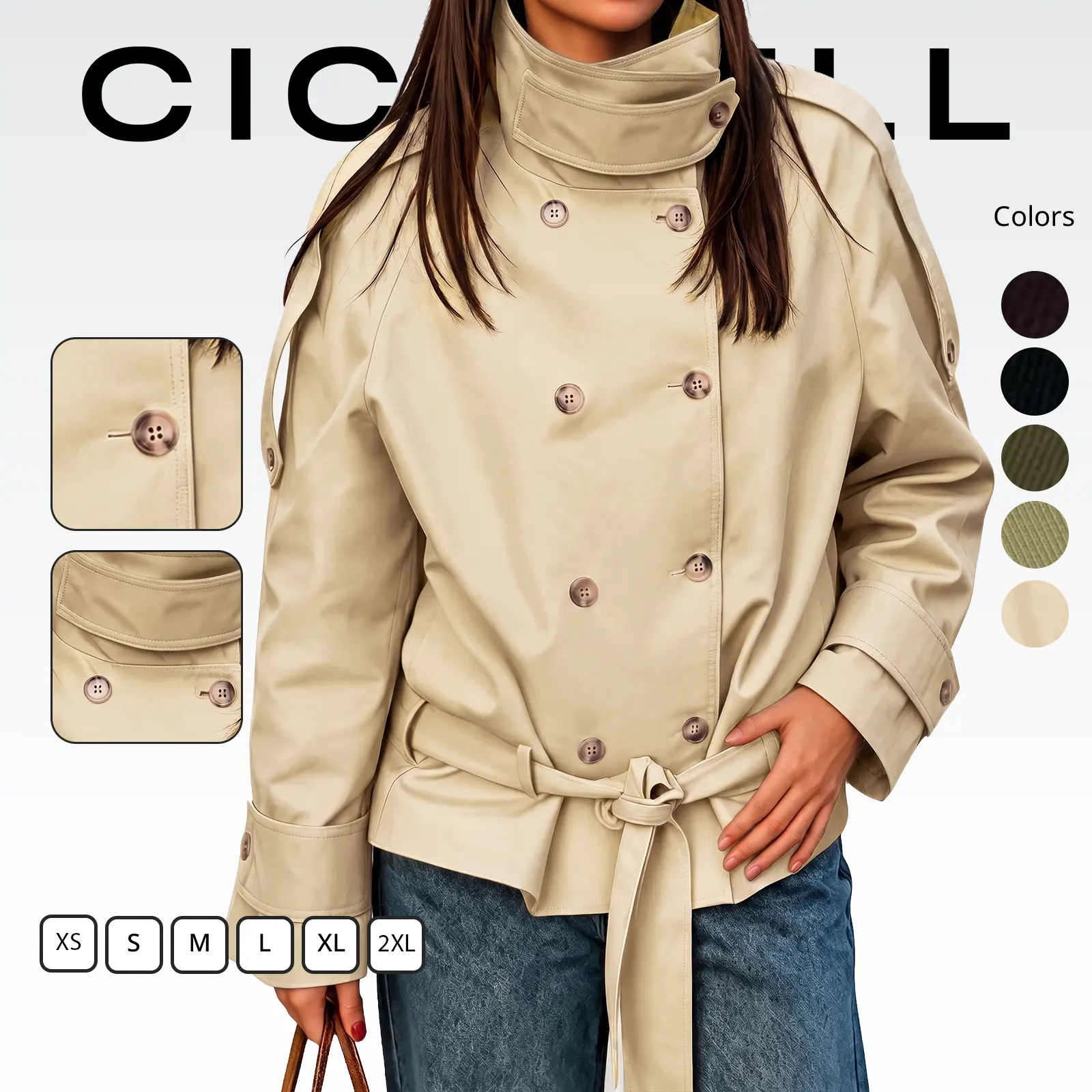 Cicy Bell Womens Short Trench Coats Double Breasted Casual Belt Fall Jacket | Stand Collar, Short Length, Long Sleeve, Loose Fit, Front pockets, Button Down