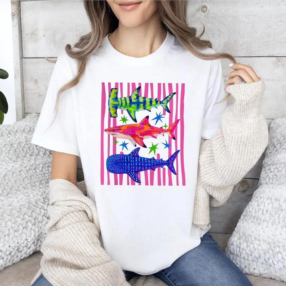 Whale Shark Neon Summer Shirt, White Hammerhead Ocean Animal Tee