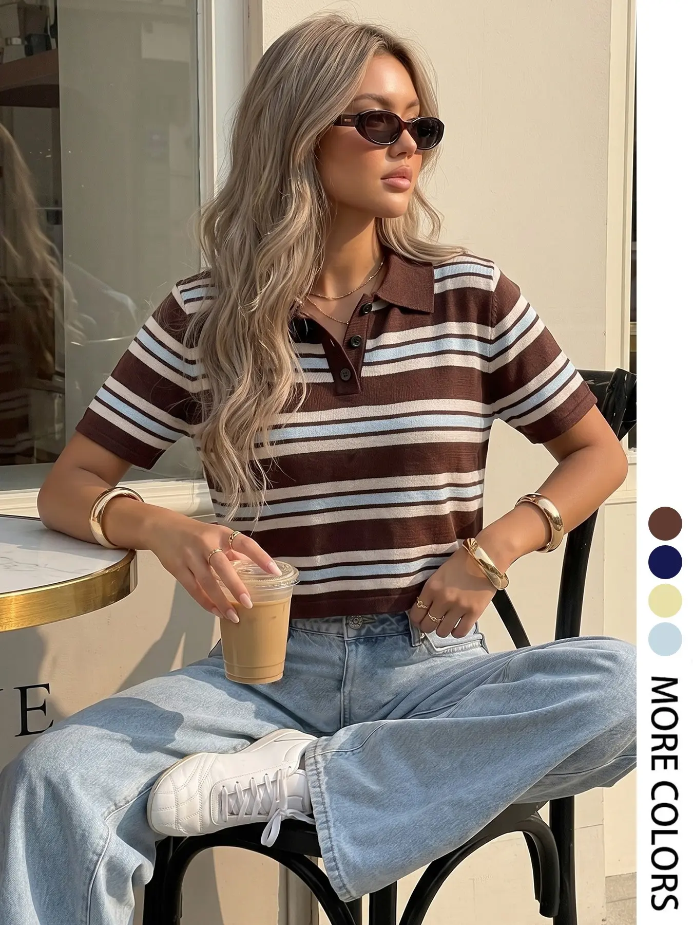 Elegant Women's Spring Summer Fashion Casual Home Office Commute Basic Simple Fitted Knit Striped Collar Button Half Open Polo Shirt Short Sleeve Pullover Tops