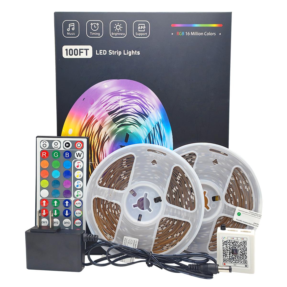 QIANGHE 100ft Music Sync LED Strip Lights RGB Color Changing with Remote & APP Control for Bedroom Home Decoration 16 Million Colors Cuttable Easy Install