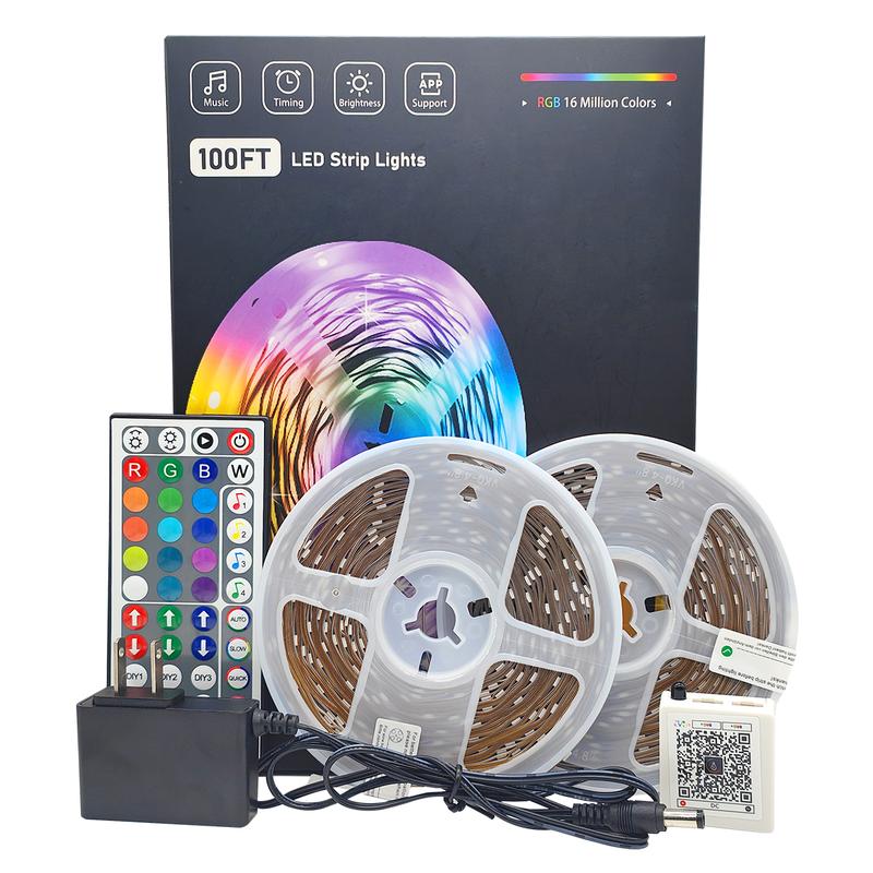 QIANGHE 100ft Music Sync LED Strip Lights RGB Color Changing with Remote & APP Control for Bedroom Home Decoration 16 Million Colors Cuttable Easy Install
