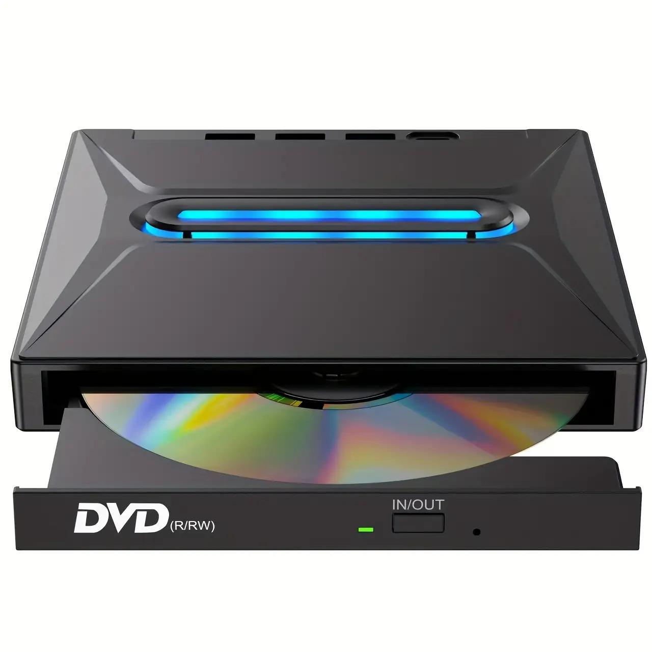 Upgraded Portable External CD DVD Drive, USB-Powered Type-C& USB 3.0 Multi-Function DVD+/-RW Writer/Burner with SD Card Reader, 3-Port USB Hub, Plug& Play for Windows, Linux, Apple OS