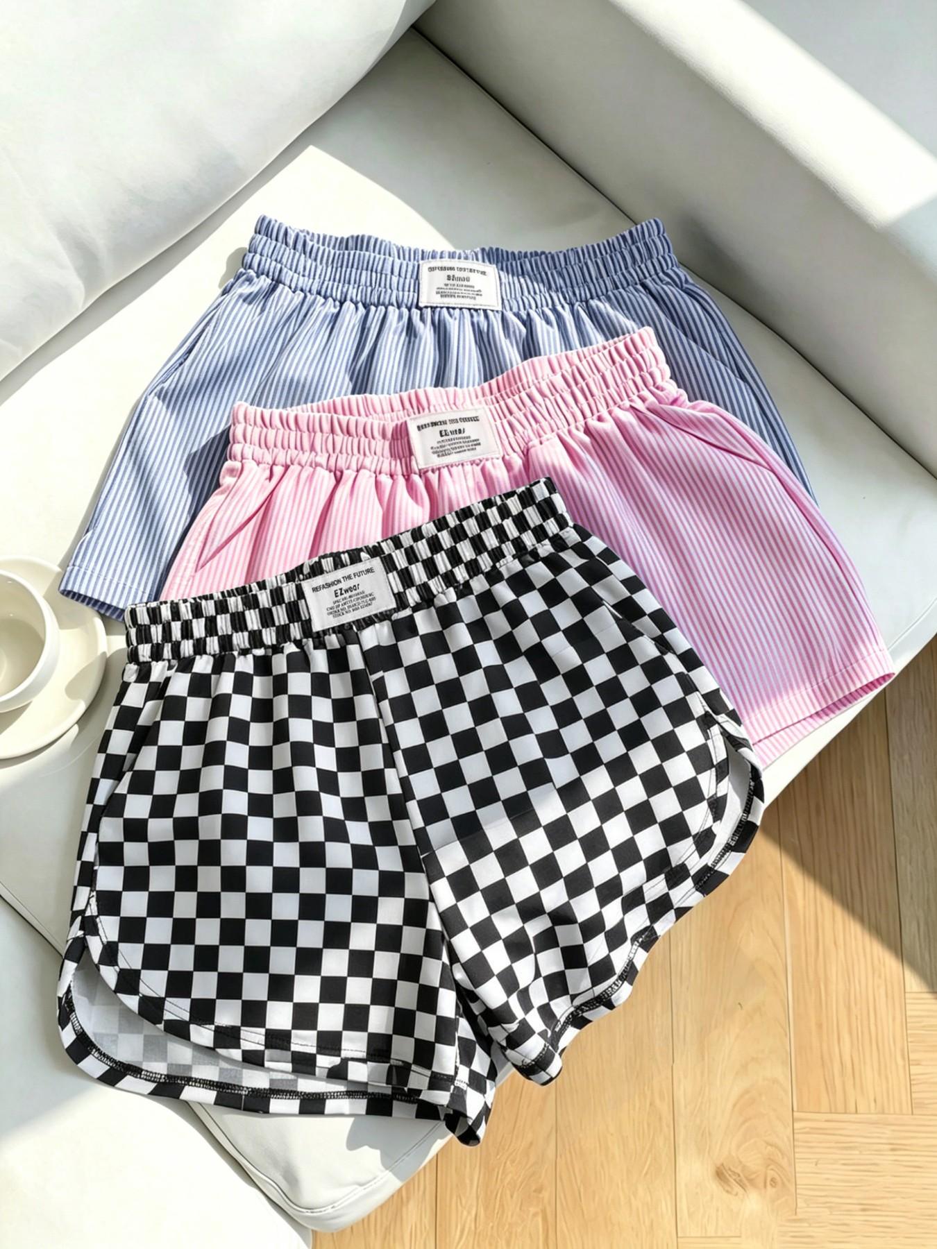3-Pack Women's Loose-Fit Shorts, Leopard and Checkered Print, Elastic Waist, Casual Sporty Style, Fashionable Ladies' Clothing, Comfortable and Stylish