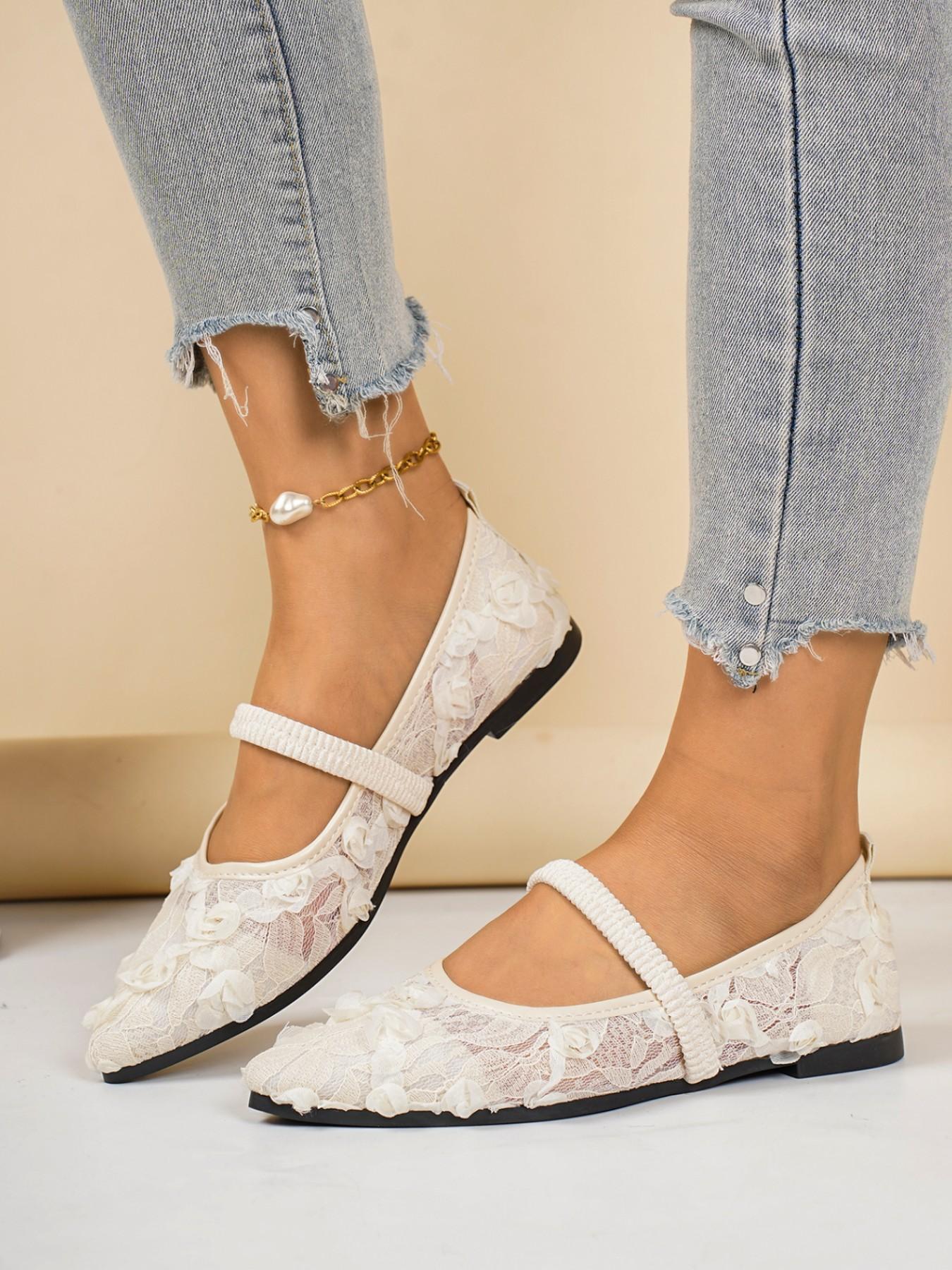 Women's Ballet Flat Shoes, Bowknot Decoration, Floral Embroidery, Breathable Mesh Upper, Square Toe, Summer Mary Jane Shoes