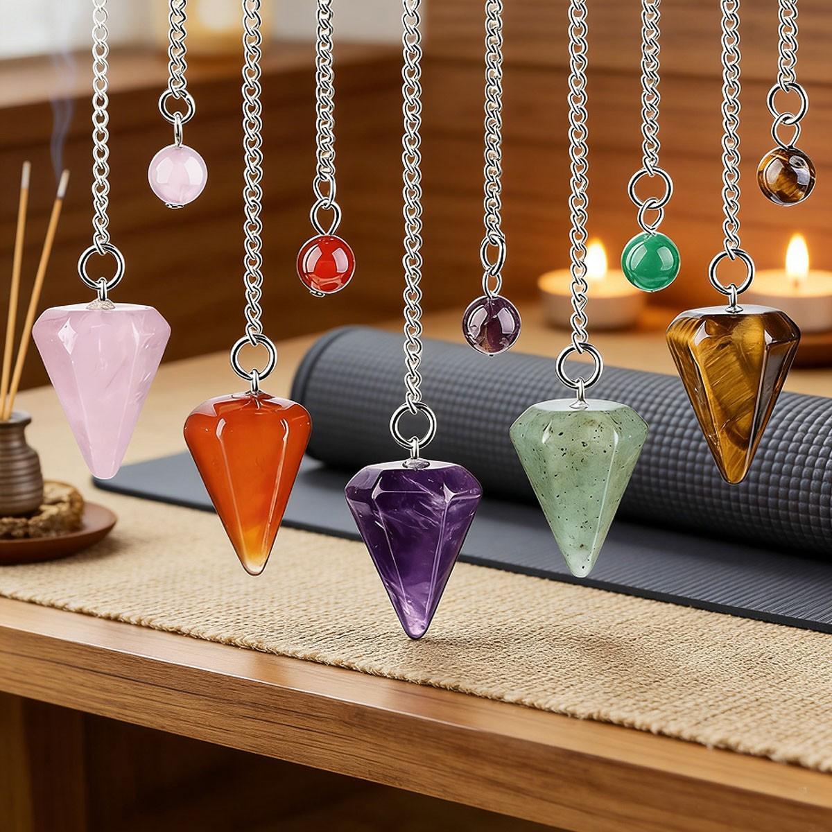 Natural Crystal Pendulum, Hexagonal Carved Stone Dowsing Pendulums, Amethyst Tiger's Eye Rose Quartz, Reiki Yoga Meditation Accessories