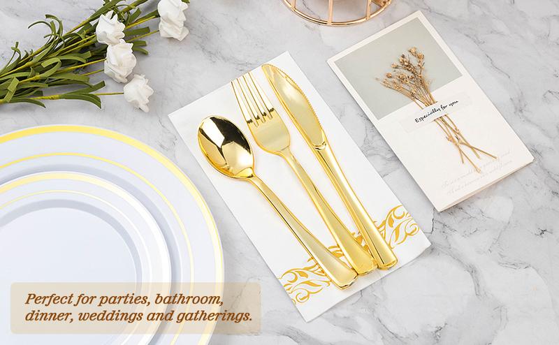 GOODLUCK 100-Pack 3-Ply Disposable Napkins with Gold Trim Soft Absorbent & Durable for Parties Weddings Events Elegant Set for Any Occasion