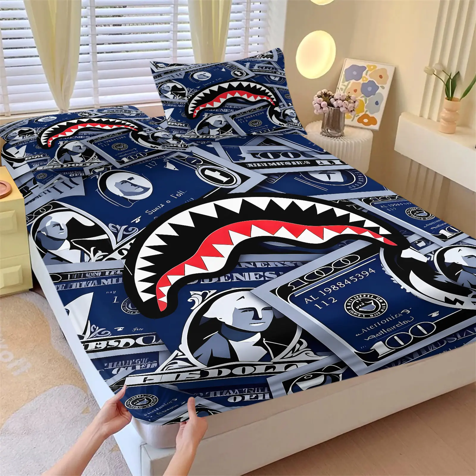Cool Shark Graphic & Dollar Bill 3Pcs Fitted Sheet Set, 1 Fitted Sheet & 2 Pillowcases, Deep Pocket Elastic Non Slip Mattress Cover All Size, Soft Breathable Boho Bedding Set All Seasons, Hip Hop Street Aesthetic Bedroom Decor Gift