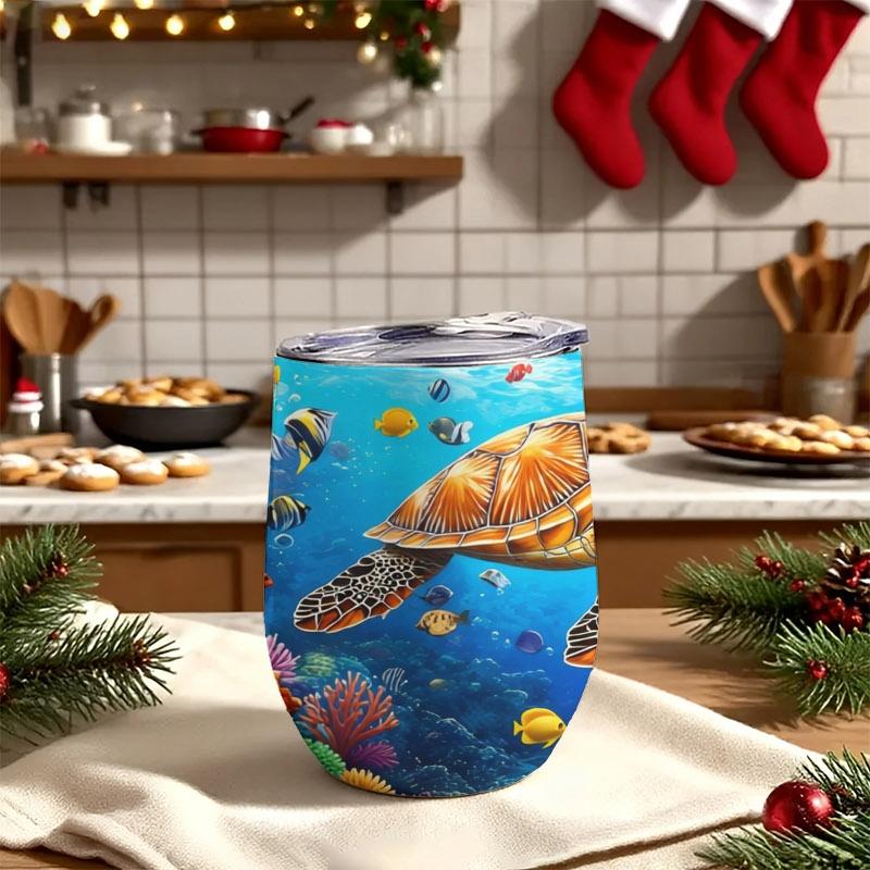 12oz Digital Printed Insulated Tumbler, Marine Life Design (Sea Turtle & Colorful Fish), Leak - Proof & Heat - Retaining, For Daily Use/Office/Travel, Vivid Underwater Scene Print, Durable Stainless Steel