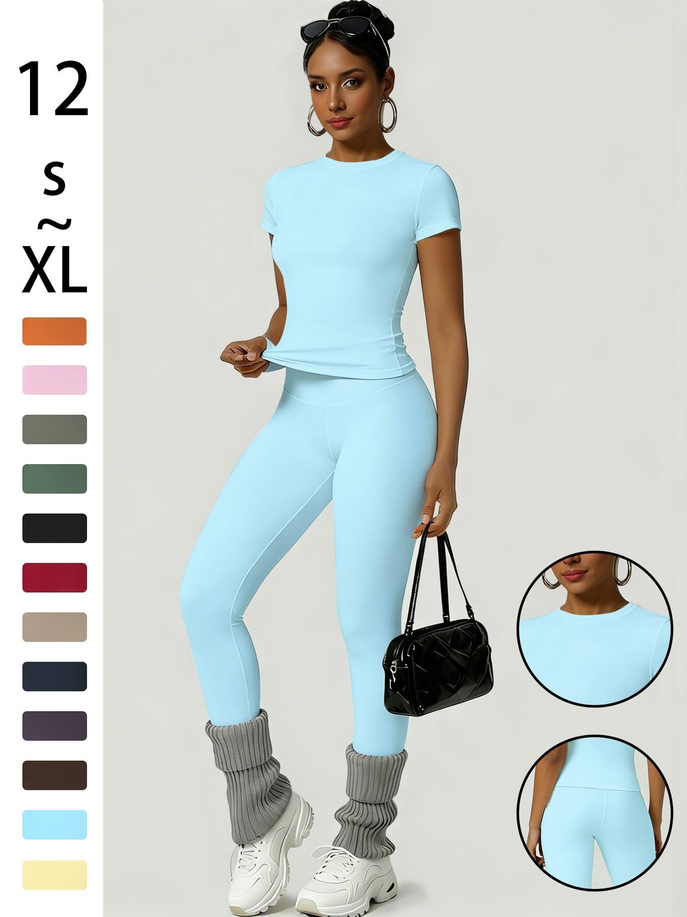 Women's Sportswear Set, Workout Gym Clothing, Training Clothes, Slim-Fit Round Neck Short Sleeves & High-Waisted Yoga Pants, Ideal for Gym Running Outdoor Activities