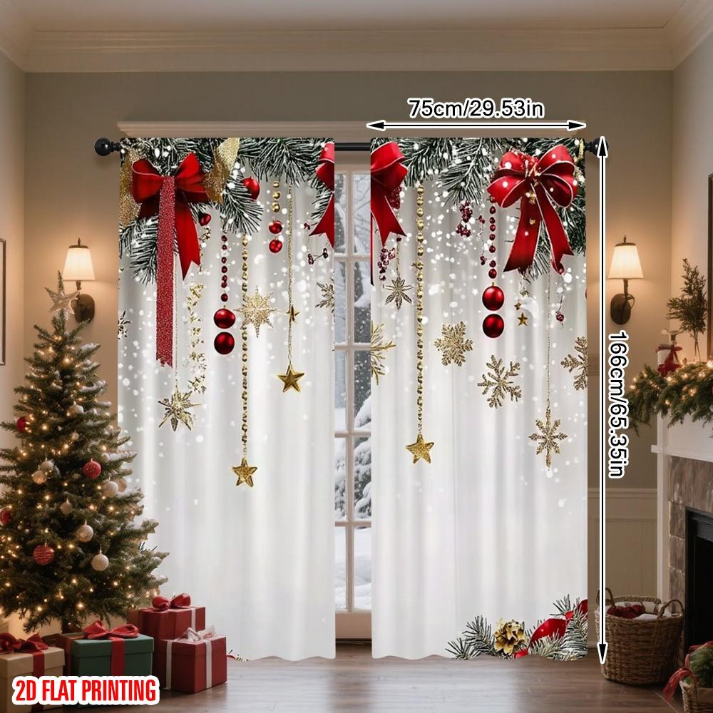 Christmas Theme 2pcs HD Digital Print Bow Bell Curtains, Polyester Material, Semi-Transparent Privacy Protection, Hand Washable, Window Curtain
