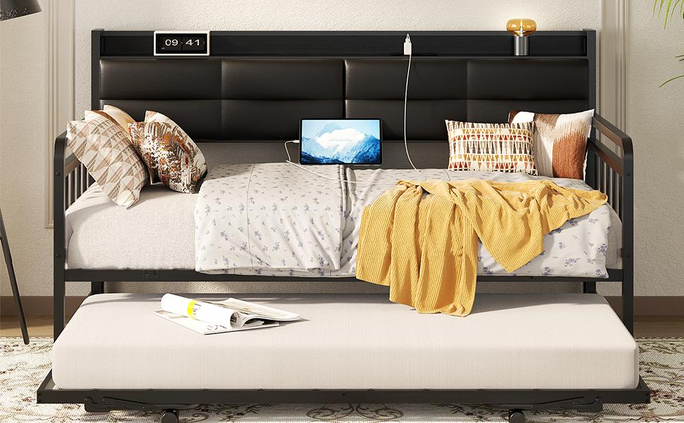 Daybed with Upholstered Headboard and Charging Station, Twin Day Bed with Trundle, Sturdy Metal Pop-up Trundle Bed for Living Room, Bedroom and Guest Furniture Luxury Home Design Modern unique  bedroom  furniture