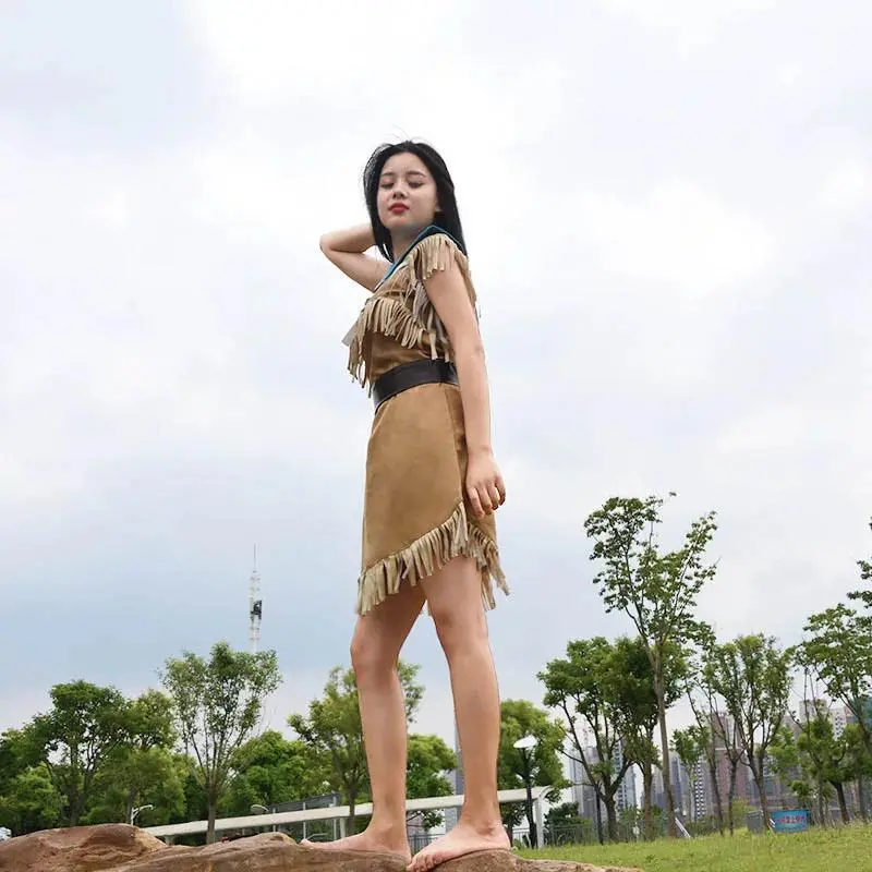 Girls Bueaty Princess Pocahontas Indian Cosplay Costume Halloween Outfit Adult Women gift  Dress Belt Necklace Full set and wig