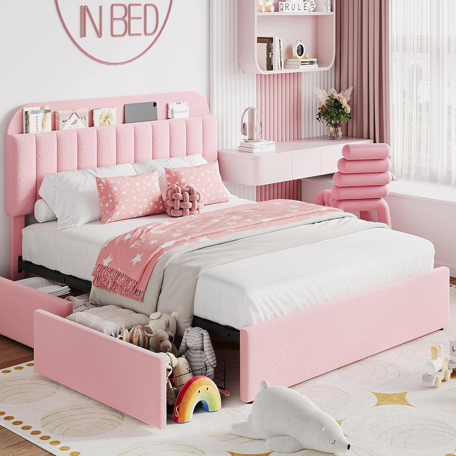 Twin Size Bed Frame with 2 Flexible Drawers, Boucle Upholstered Platform Bed Frame with Bookcase Headboard, Bedframe for Kids/Girls, Easy Assembly, No Box Spring Needed, Noise Free Twin Size Bed Frame with 2 Flexible Drawers, Boucle Upholstered Platform Bed Frame with Bookcase Headboard, Bedframe for Kids/Girls, Easy Assembly, No Box Spring Needed, Noise Free