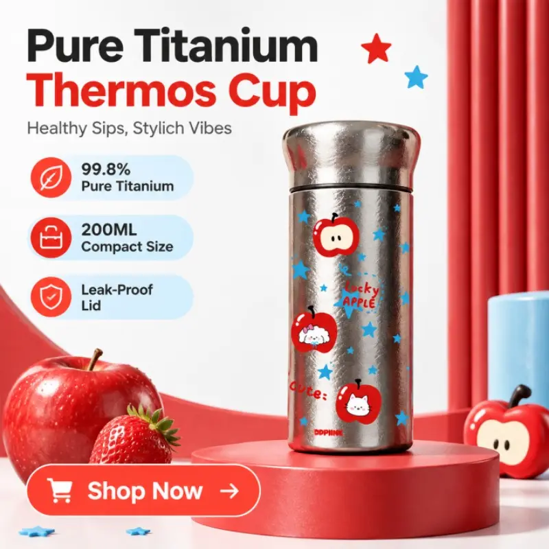 Mini Pure Titanium Thermal Flask with Adorable Apple Cat Puppy Graphic, 200ml Small Lightweight Insulated Cup, Leakproof Portable Water Bottle for Pocket, Purse and Travel