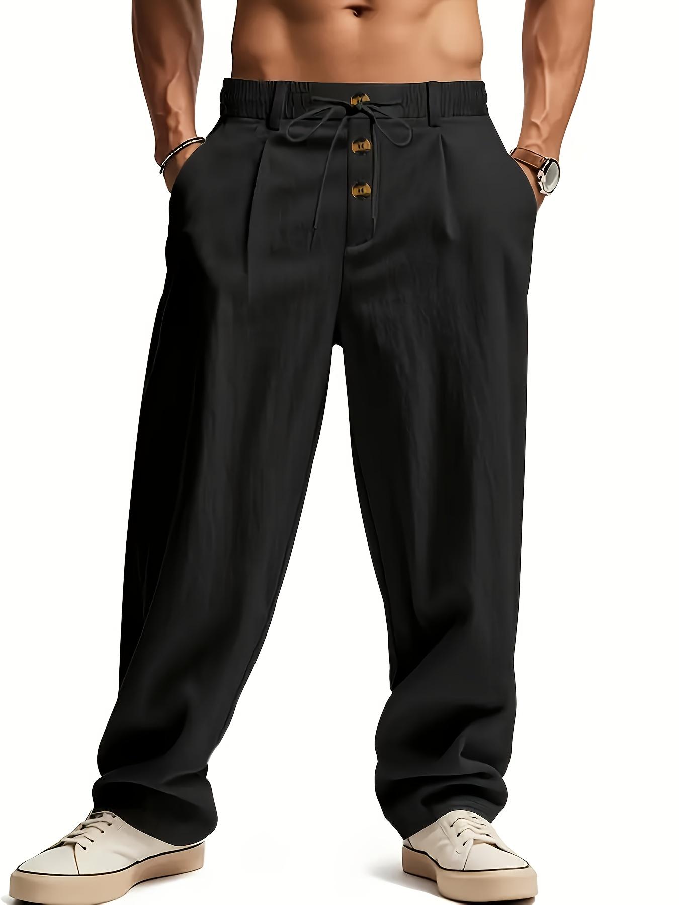 3 pieces of men's summer plain-color simple linen casual straight-leg trousers, Casual Solid Drawstring, beach-friendly lightweight breathable linen trousers, suitable for daily commuting and outdoor activities, vacations, beaches, Casual Fashion Pockets
