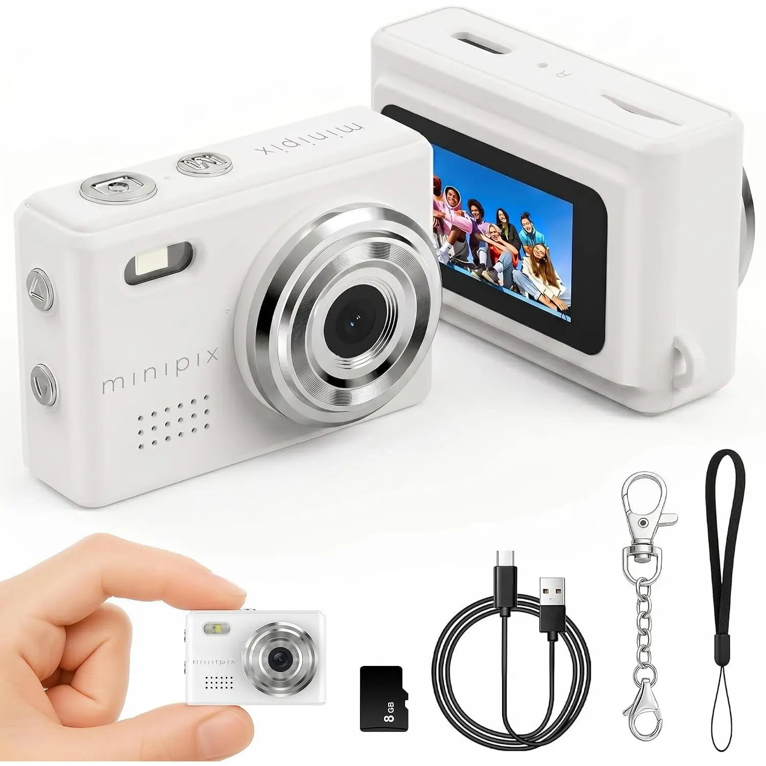 MiniPix 1080P Digital  Camera, 8GB Card, USB-C, White