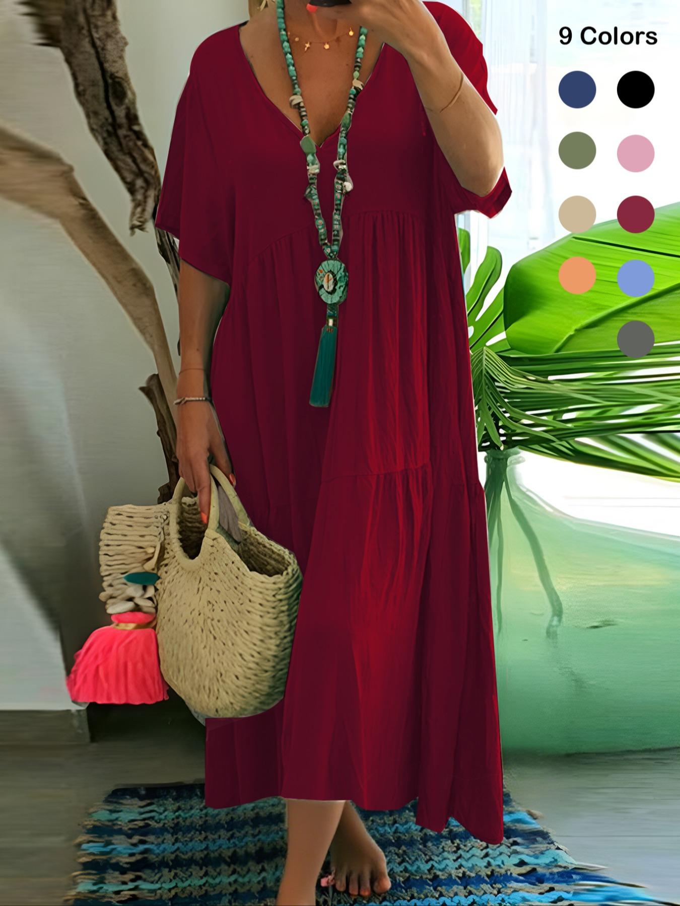 Plus Size Women's Summer Casual Loose V-Neck Plain Long Dress, Bohemian Boho Style, Short Sleeve, Tiered Layer, Spring & Fall Fashion Plus Size Women's Summer Casual Loose V-Neck Plain Long Dress, Bohemian Boho Style, Short Sleeve, Tiered Layer, Spring & Fall Fashion