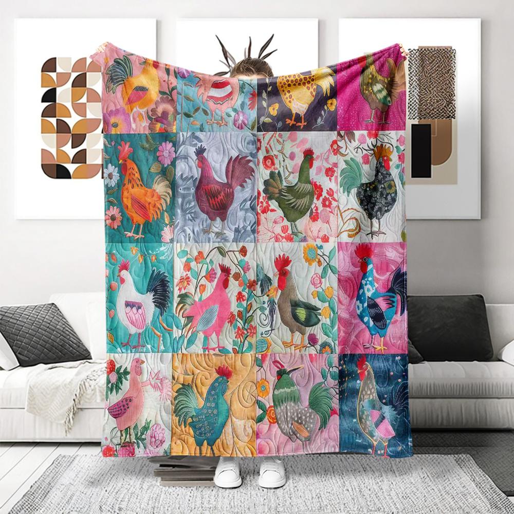 Cute Patchwork Chicken Pattern Blanket, Ultra Soft Flannel Throw Blanket, Shawl Blanket, Small Cover Blanket, Perfect Holiday Gift