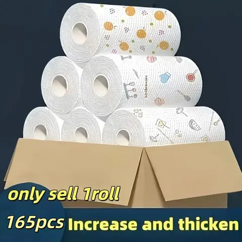 1 Roll 165pcs Random Print Thick Washable Lazy Cloth, Kitchen Cleaning Towels Dry Wet Use Oil Remover Paper, Reusable Cleaning Essential for Home Car Living Room Bathroom