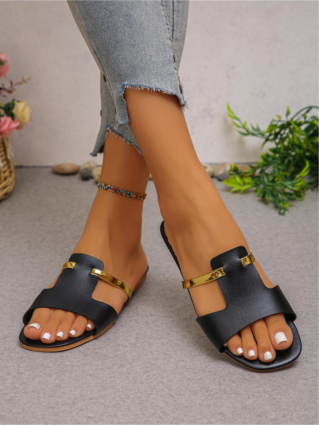 2026 Summer New Retro Metal Buckle Strap Flat Sandals, Multi - color Splicing Square - toe Open - toe Women's Slides, Versatile for Daily Commute/Shopping/Vacation & Leg - lengthening