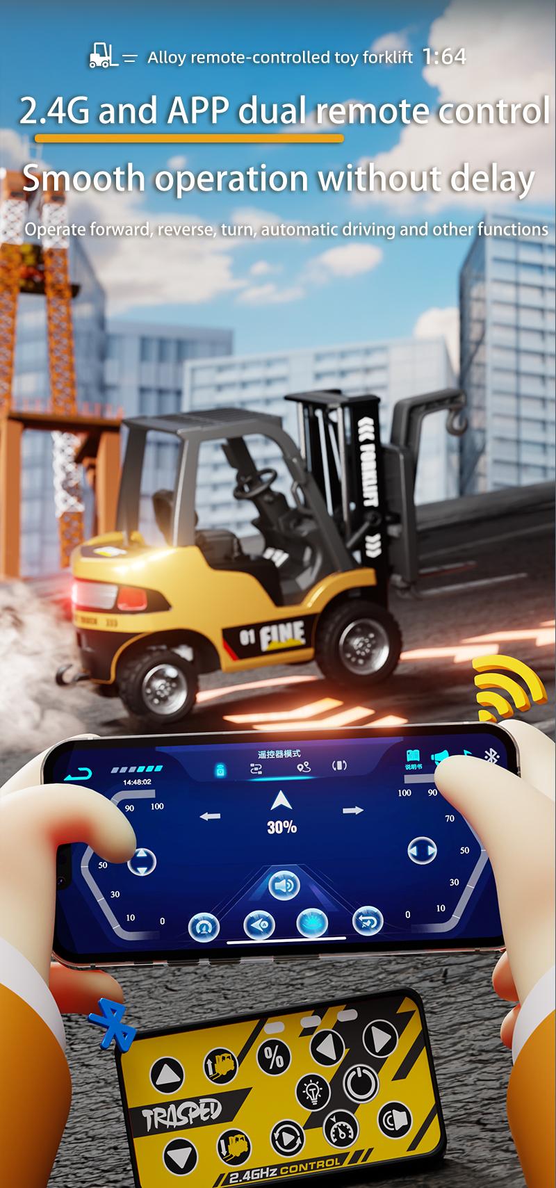 Hotfree Mini RC Construction Truck Toys, 1/64 Scale Alloy Excavator & Forklift with Lights and Sounds, USB-C Rechargeable Remote Control Vehicle Set, Birthday Christmas Gift for Boys Kids & Adults