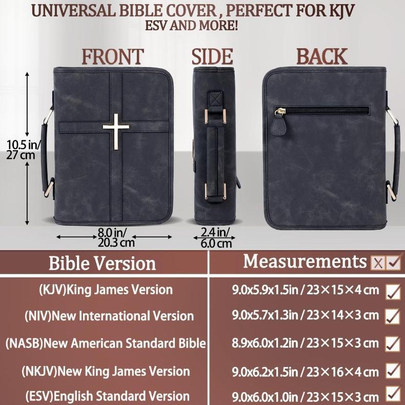 Classic Vegan Leather Bible Cover with Metal Cross Design Handle Zipper Bible Case Organizer Bag Durable Bible Study Supplies Carrying Bag for Men Women Christian Religious Daily Use Black