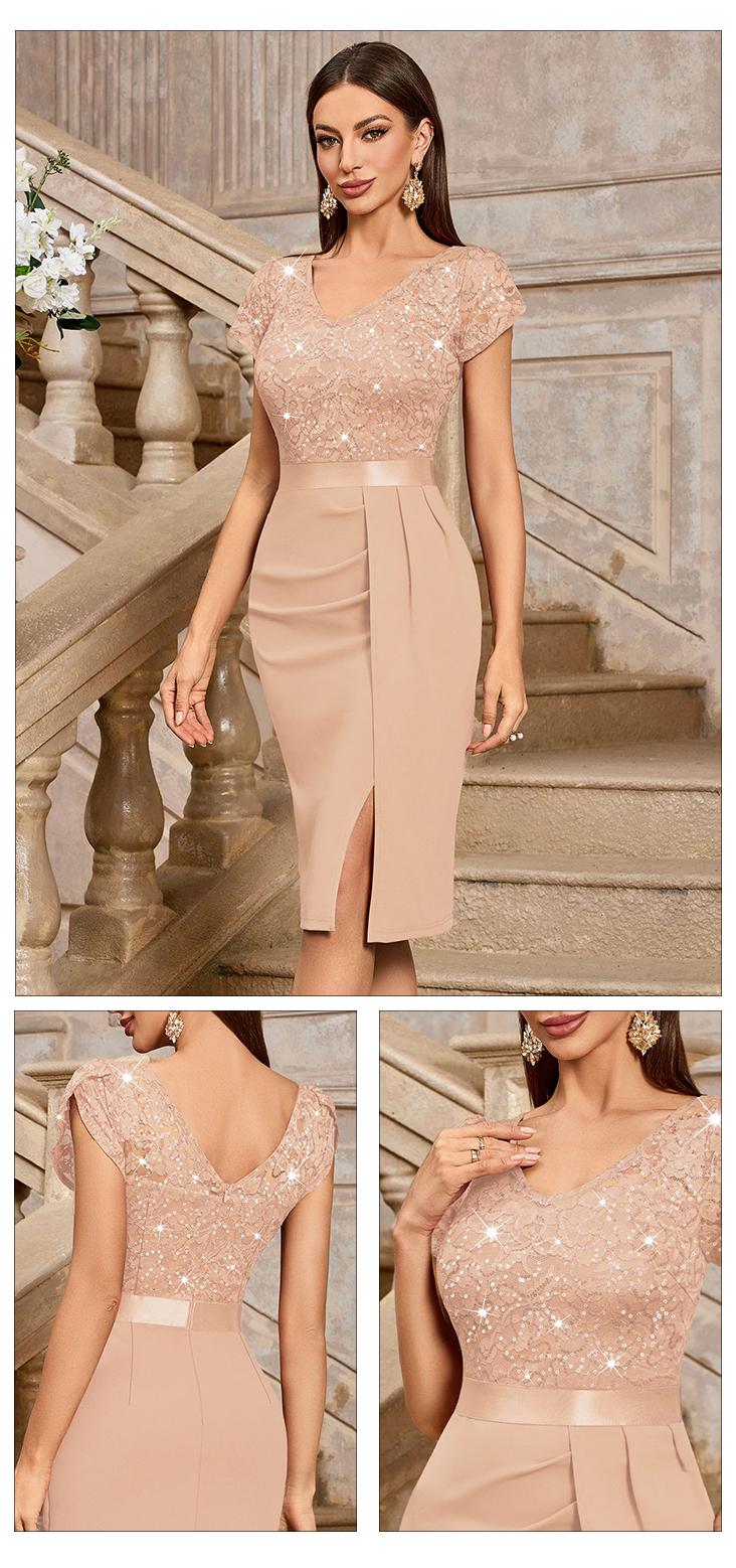 MIUSOL 54347A Women's Sequin Floral Lace V Neck Elegant Ruffle Ruched Style Slim Fit Cocktail Party Chic Womenswear Formal Dress