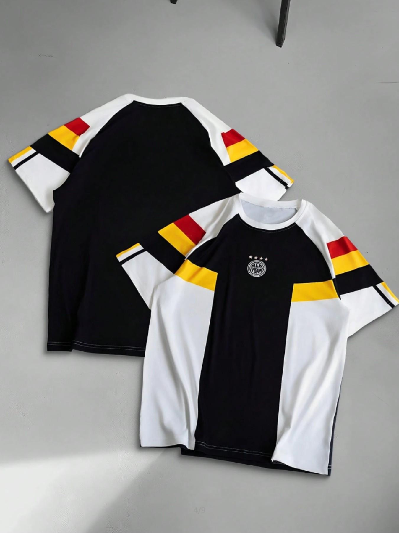 Y2K Street Color Block T-shirt | Black, White, Yellow, and Red Contrast Design, Retro Sports Color Block T-shirt with New York City Logo, Men's Casual Loose Version, Trendy Hip Hop Soccer Team Uniform Aesthetics, Daily Street Dressing