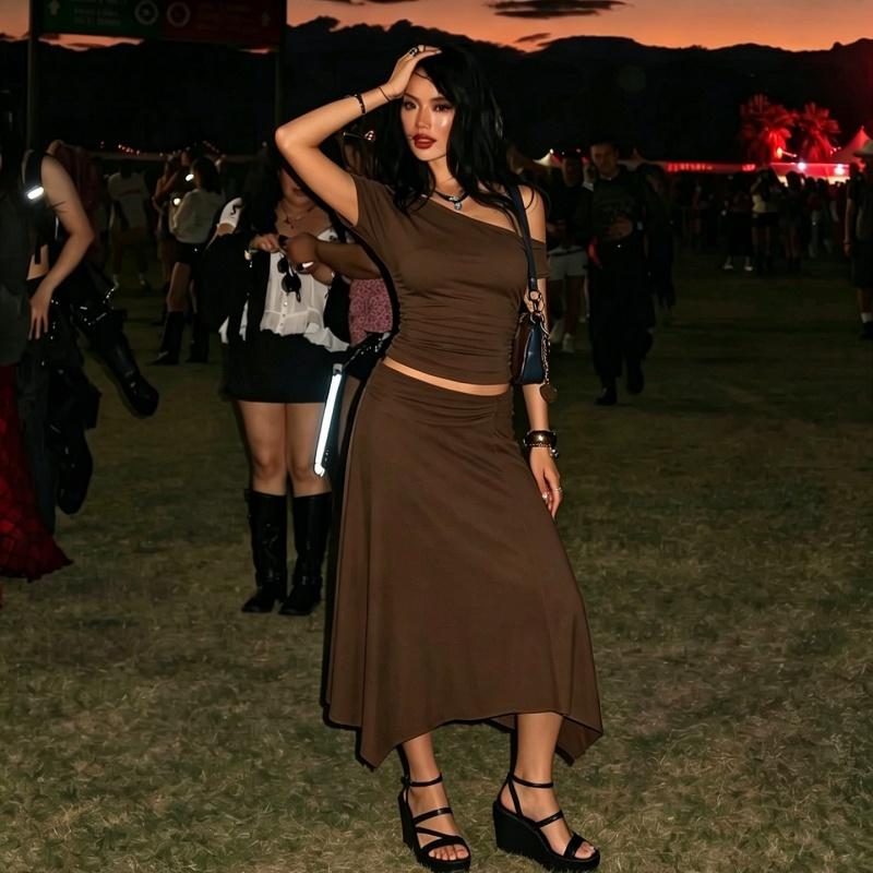 Women's Two-piece Set, Clothes, Solid Color One Shoulder Ruched Short Sleeve T-shirt Top & Bodycon Irregular Hem Long Skirt, Sexy Strapless Backless Tees Crop Top with Ruffles Skirts, Ladies Party Club Date Daily Casual Summer Outfits