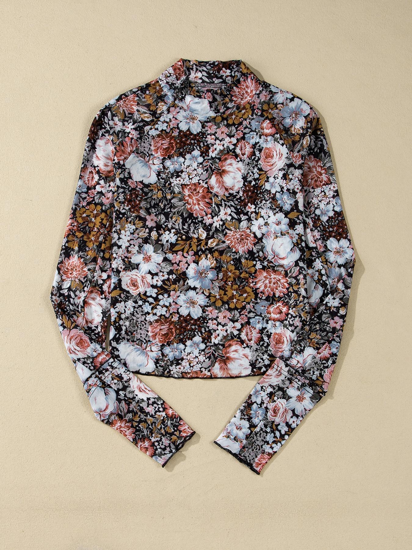 Hotapei Spring Autumn Casual Polyester Floral Slim Fit High Neck Long Sleeve Pullover Top, Women's Fashion Knitwear for Daily Wear