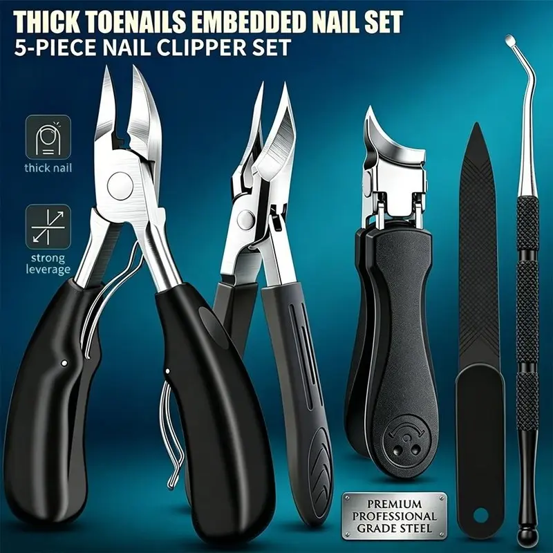 5-Piece Manicure Kit, Stainless Steel Nail Clippers, Heavy-Duty Pedicure Tools, Includes File and Cuticle Nippers, Non-Slip Handle