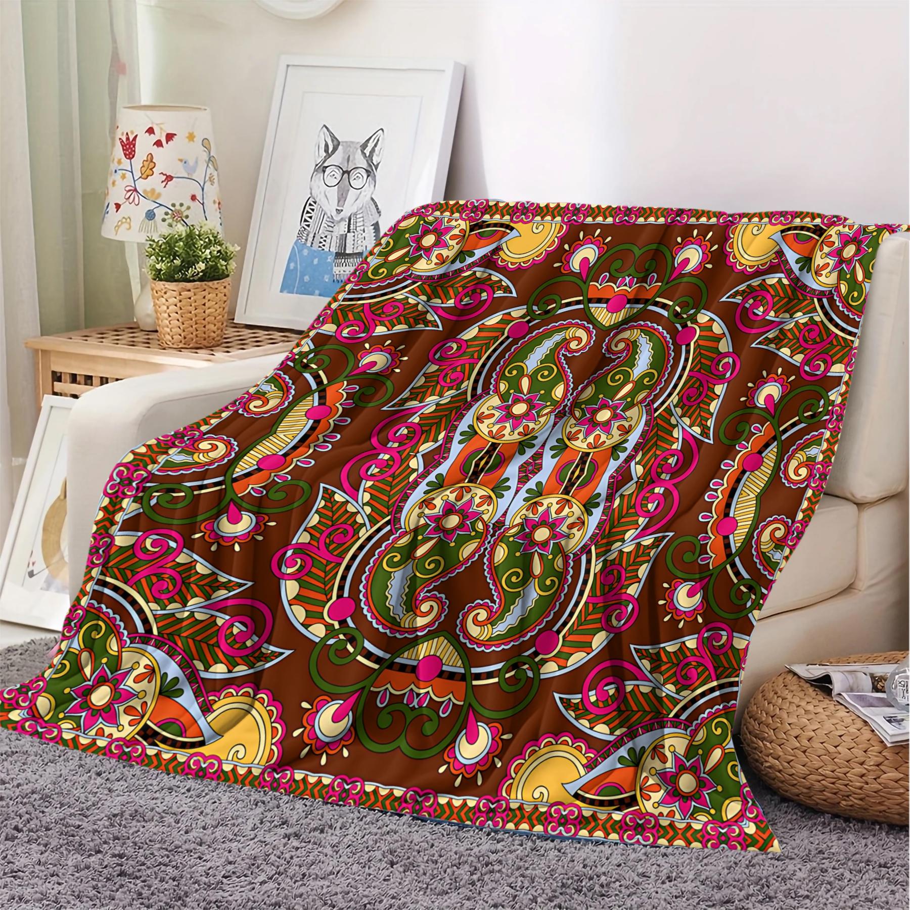 1Pcs Boho Paisley Digital Print Flannel Blanket, Vibrant Ethnic Style Throw Blanket, Ultra-Soft Cozy Warm Blanket, All-Season Decorative Gift Blanket, Perfect for Bedroom, Sofa, Couch, Camping, Travel, Dorm Decor