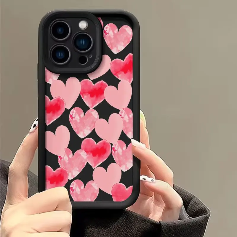 Heart Pattern Phone Case Black With Pink And Red Hearts Design For iPhone 17 Air 16 E 15 Pro Max 14 Plus 13 12 Mini 11 X/XS XSMAX, Cute Durable Phone Cover, Stylish Gift