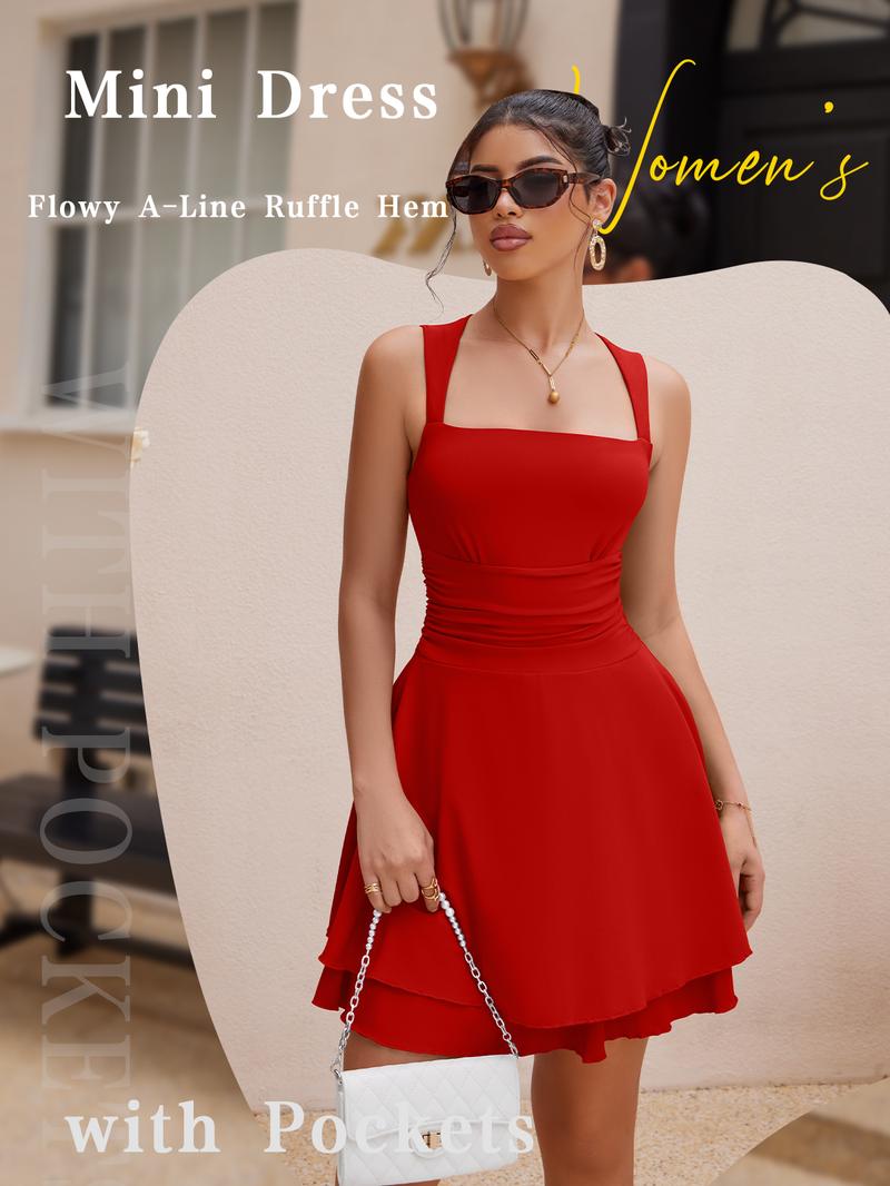 OYV Women's Square Neck Sleeveless Bodycon Ruched Waist Flowy A-Line Ruffle Hem Mini Dress with Pockets