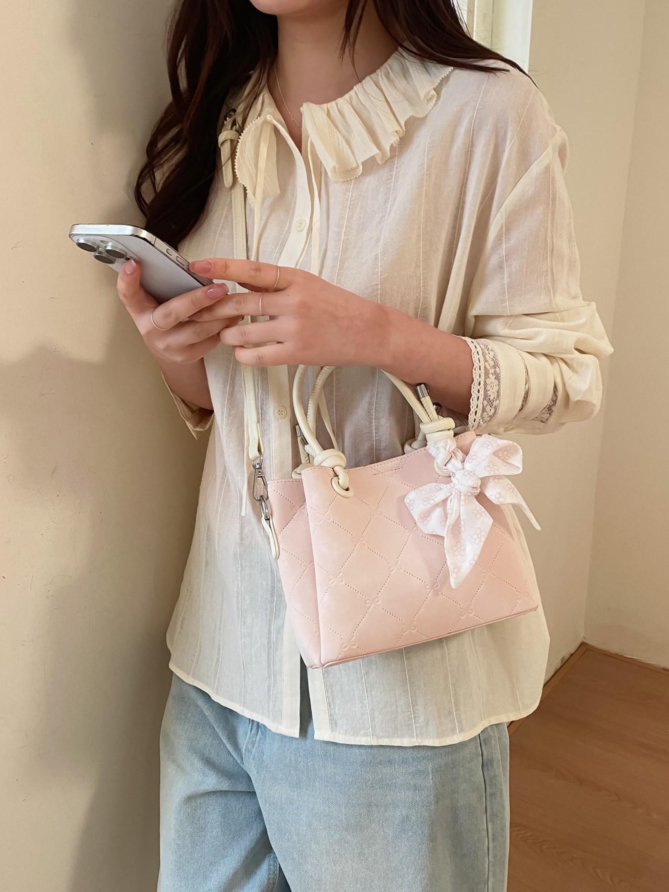1Powder pink coach bag，Quilted Bucket Bag with Floral Bow Scarf | Dual-Tone Handle Crossbody Tote for Women | Ideal for Daily & Special Occasions