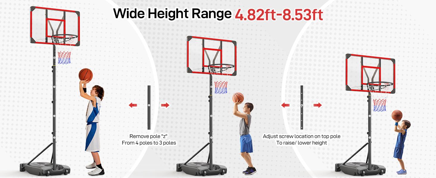 Kids Basketball Hoop Outdoor 4.82-8.53ft Adjustable, Portable Basketball Hoops & Goals for Kids/Teenagers/Youth in Backyard/Driveway/Indoor, with Enlarged Base and PC Backboard
