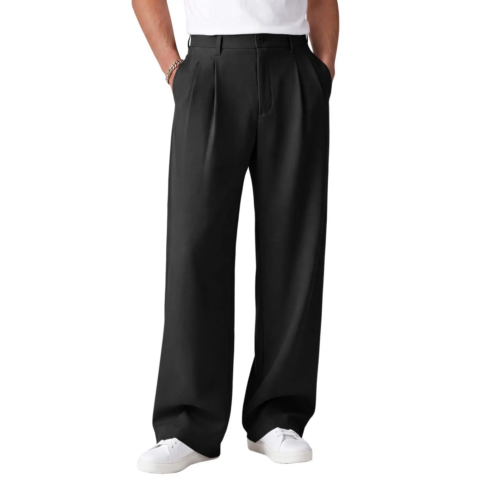 Runcati Men‘s Baggy Dress Pants Wide Leg Old Money Casual Pleated Slacks | Loose Fit Lightweight Trouser, Work Business Relaxed Fit, Two Side Pockets, 30"/32" Suit Pants, Stretchable Elastic Waist