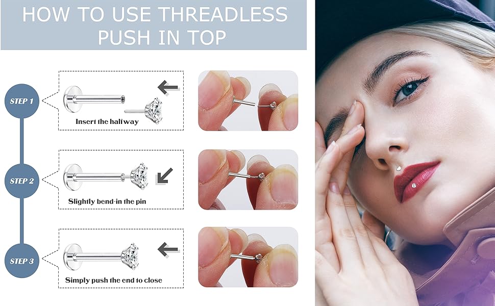 Fansilver 16G Threadless Push-in Lip Ring - Stainless Steel Tragus Helix Earrings Studs Nose Ring for Women Men - Labret Jewelry Monroe CZ Medusa Cartilage Piercing 8mm