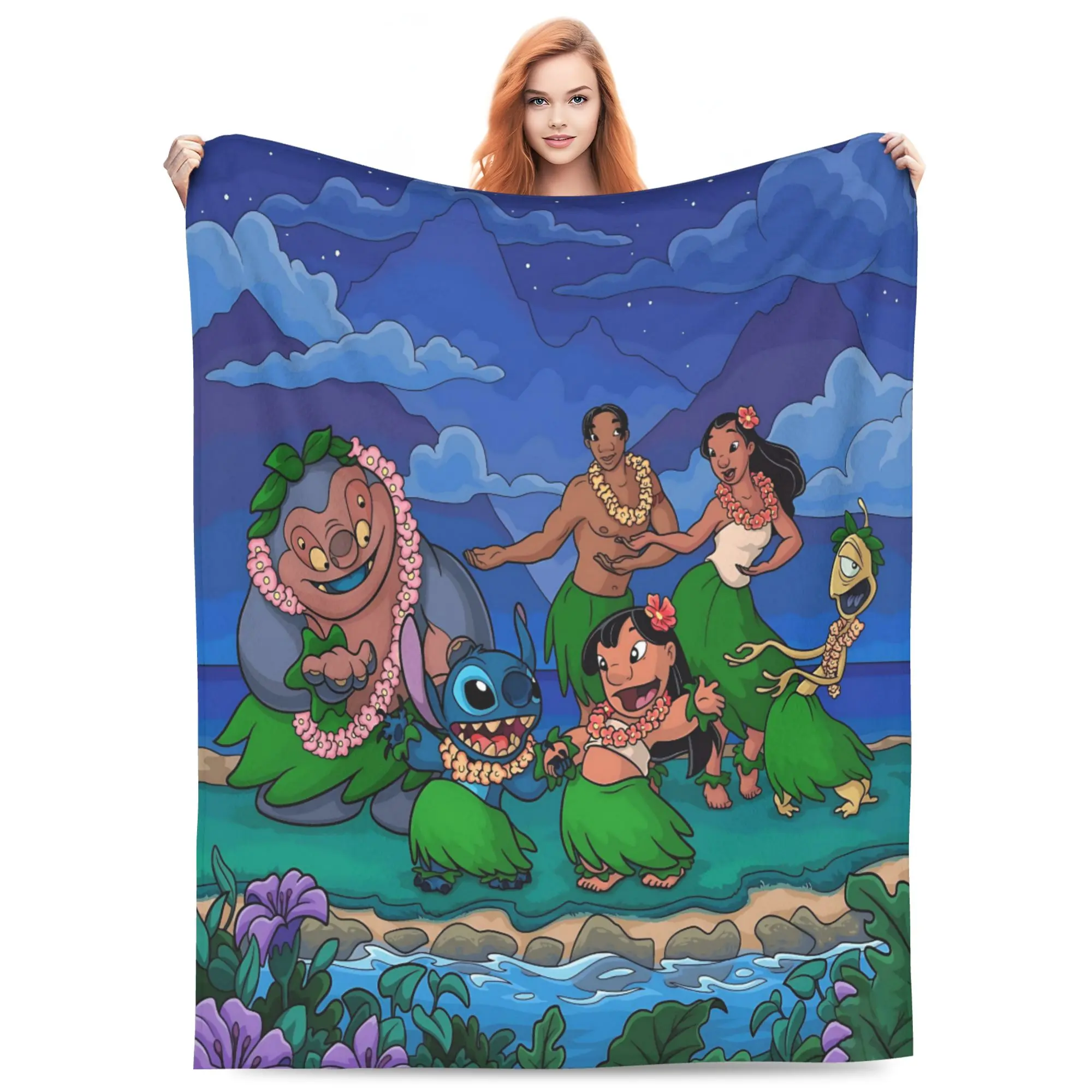Disney Classic [2026 New] Lilo & Stitch Hawaiian Hula Party Flannel Throw Blanket, Tropical Island Mountain Scenery Print Soft Lightweight Cozy Blanket for Sofa Bed Kids Movie‑lover Gift