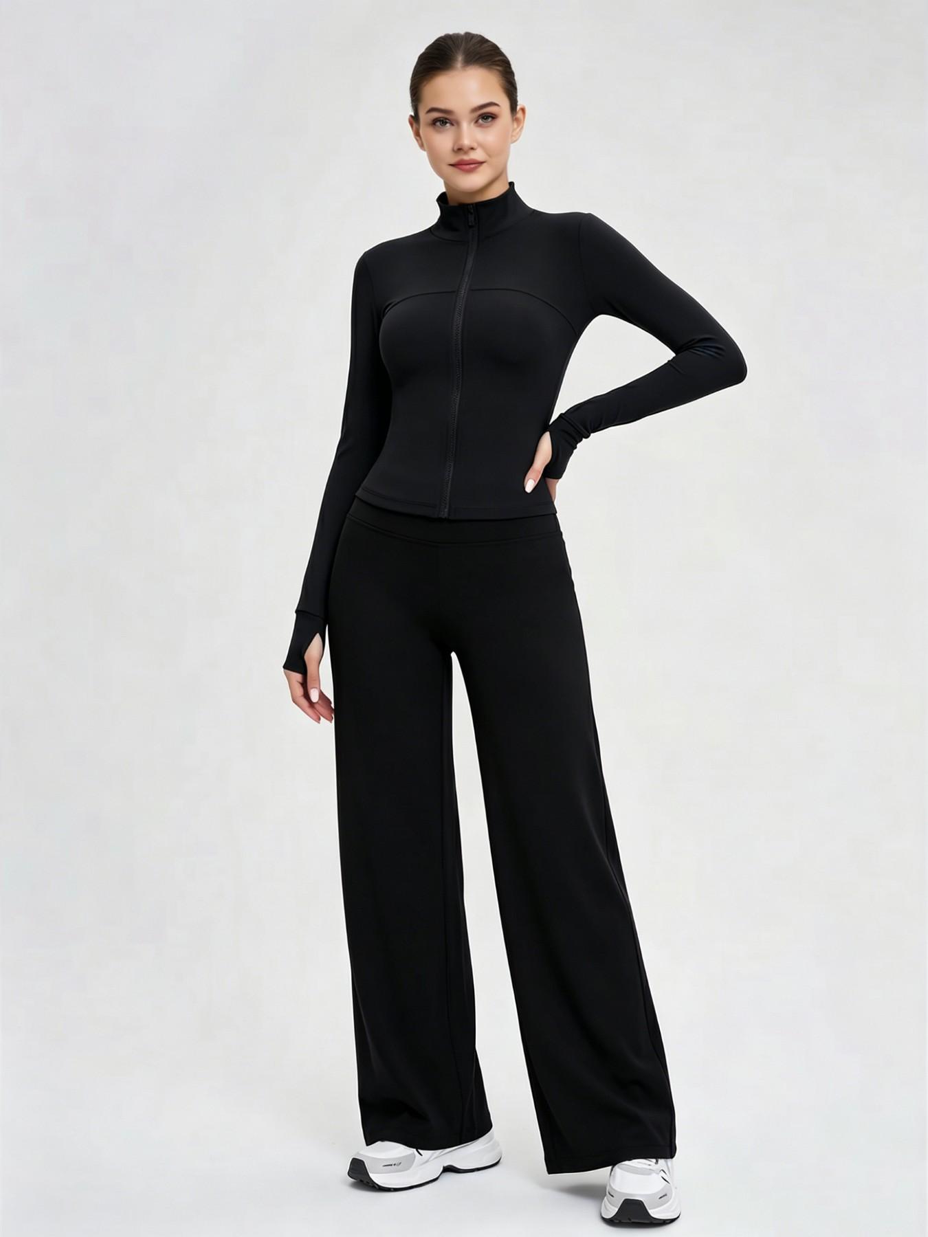 Nude Sensory Solid Color Shaping Stand Collar Zipper Yoga Set, High Elastic Activewear, High Waist Wide Leg Pants, Quick Dry Sporty Two-Piece, Gym Workout Sportswear