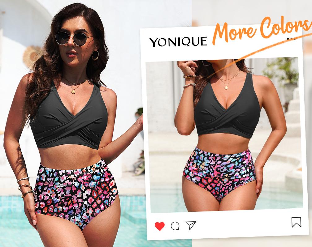Yonique High Waisted Two Piece Swimsuit-Womens Bikini Set Tummy Control Bathing Suit Modest Full Coverage Bikini