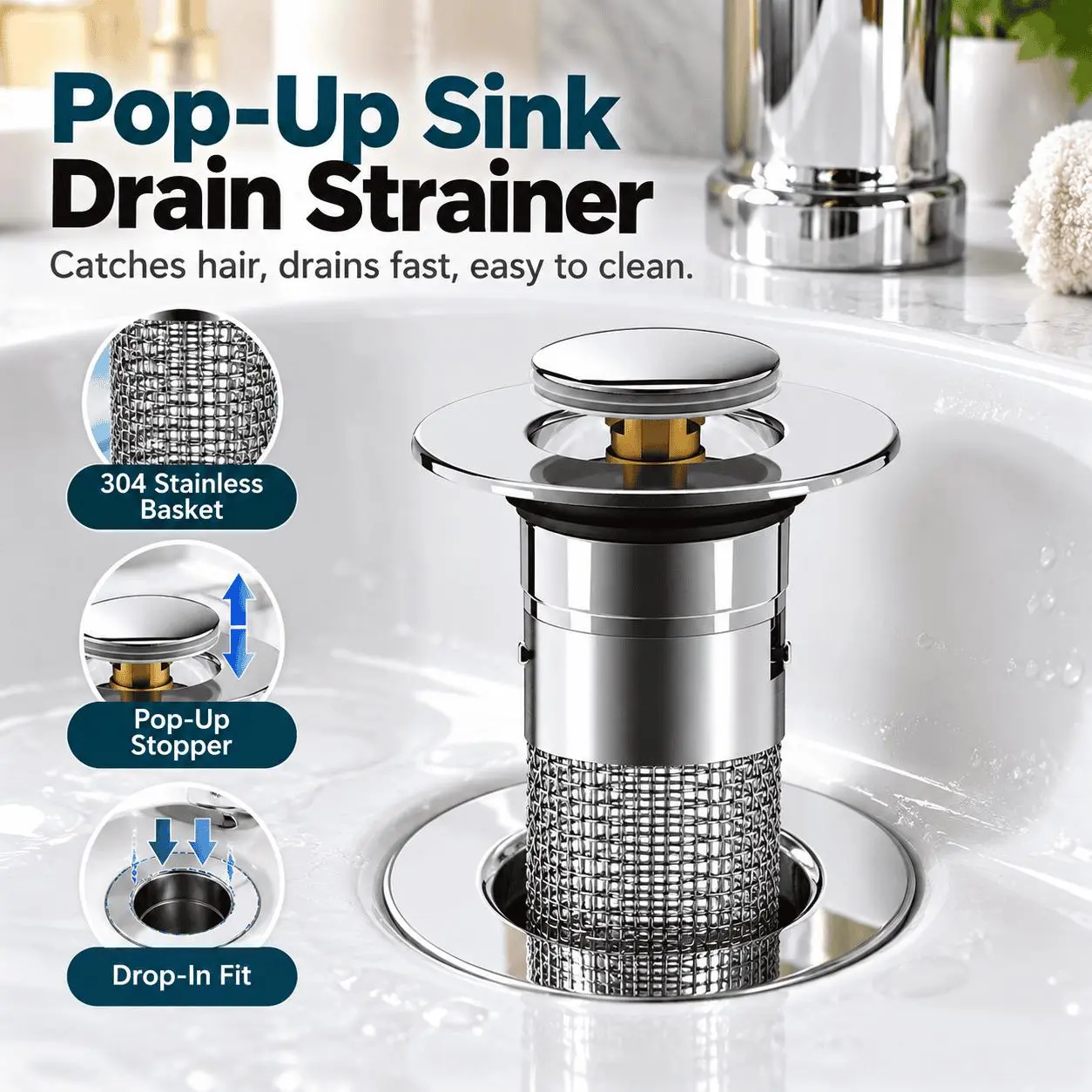 Bathroom Sink Drain Strainer, Pop Up Sink Drain Strain, Bathroom Sink Stopper with Removable Stainless Steel, Filter Basket Hair Catcher Hair Catcher