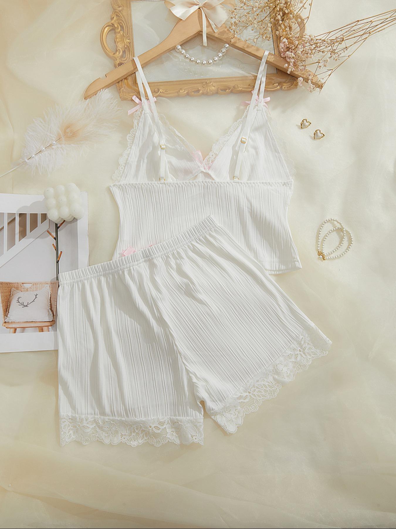 Women's Contrast Lace Bow Decor Ribbed Pyjama Two-piece Set, Cute Elegant Adjustable Spaghetti Strap Ruffle Trim Crop Camisole & Elastic Waist Shorts Pj Set, Ladies Sleepwear for All Seasons, Aesthetic Womenswear, Lingerie Nightwear